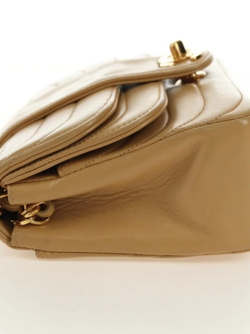 CHANEL Chain Shoulder Bag Lamb Skin Beige Gold CC Auth 182904SAV